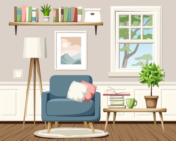Cozy Room Interior Armchair Table Window Floor Lamp Cartoon Vector — Stock Vector