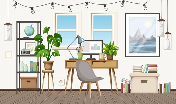 大きな絵画 ぶら下げランプ 観葉植物と居心地の良い北欧の部屋のインテリア ホームオフィスインテリアデザイン 漫画ベクトルイラスト — ストックベクタ