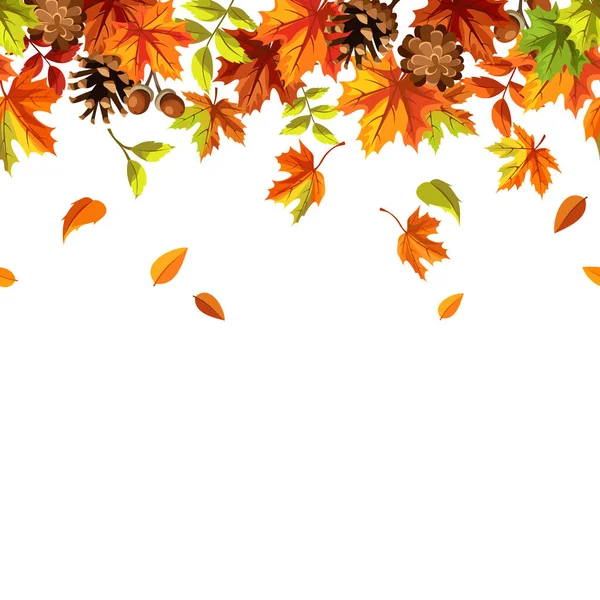 Бесшовная Граница Оранжевыми Коричневыми Зелеными Осенними Листьями Сосновыми Шишками Векторная — стоковый вектор