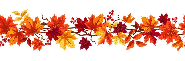 无缝隙的边境 有红色 棕色和黄色的秋天枫叶和越橘 矢量说明 — 图库矢量图片