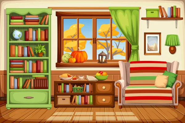 Gemütliche Herbstliche Wohnzimmereinrichtung Mit Sofa Bücherregal Und Herbstbäumen Vor Dem — Stockvektor