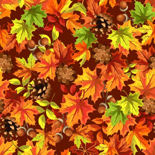 オレンジ 緑の紅葉 コーン アコーンと秋のシームレスなパターン ベクターイラスト — ストックベクタ