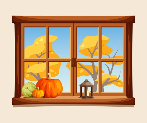 Podzimní Okno Žlutými Stromy Venku Dýněmi Parapetu Kreslený Vektorový Obrázek — Stockový vektor