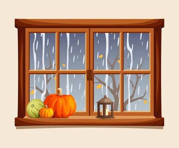 Herbstfenster Mit Regen Draußen Und Kürbissen Auf Der Fensterbank Zeichentrickvektorillustration — Stockvektor