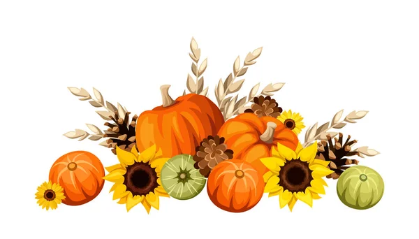 Pumpkins Sunflowers Ears Wheat Pine Cones Isolated White Background Vector — Stock Vector