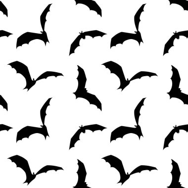 Beyaz arka planda siyah yarasaların siluetleri olan kusursuz bir Cadılar Bayramı deseni. Vektör illüstrasyonu