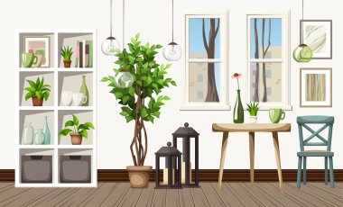 Masası, rafı ve büyük bir incir ağacı olan bir kafe ya da ev tasarımı. Çizgi film vektör illüstrasyonu