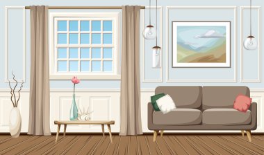 Klasik oturma odası iç tasarımı. Kanepesi, penceresi, tablosu ve asılı lambaları var. Vektör illüstrasyonu