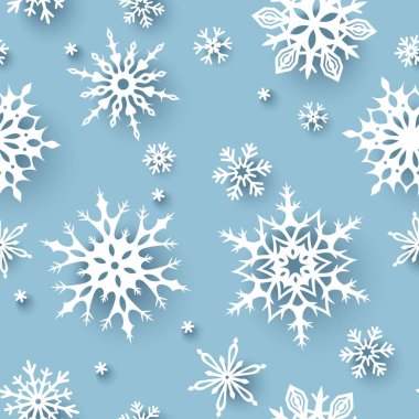 Mavi zemin üzerinde beyaz kar taneleri olan kışın pürüzsüz deseni. Vektör Noel süsü