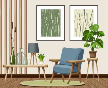 Oturma odasının içinde bir koltuk, tahta levhalar, soyut tablolar ve bir canavar bitkisi var. Modern iç tasarım. Çizgi film vektör illüstrasyonu