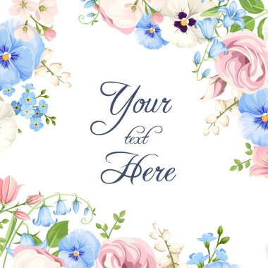 Greeting or invitation card design with pink, blue, and white pansy flowers, forget-me-not flowers, lisianthus flowers, and lily-of-the-valley flowers. Vector floral background clipart