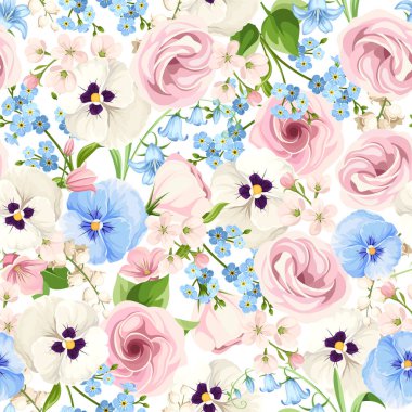 Pembe, beyaz ve mavi nonoş çiçekleriyle kusursuz desen, lisianthus çiçekleri, çan çiçekleri, ve beyaz arka planda 