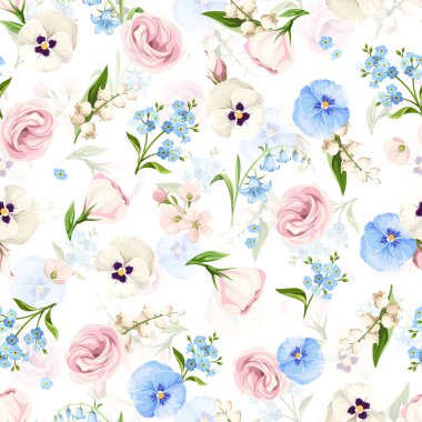 Pembe, mavi ve beyaz lisianthus çiçekleriyle kusursuz çiçek desenleri, nonoş çiçekleri, vadideki zambaklar ve beyaz arka planda 