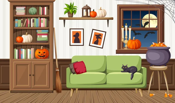 Soggiorno Decorato Halloween Interno Della Notte Halloween Illustrazione Del Cartone — Vettoriale Stock