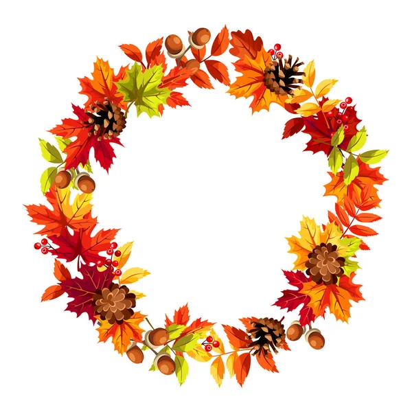 カラフルな紅葉 松の実 ローワンベリーと秋の葉の花輪 挨拶や招待状のデザイン ベクトル円枠 — ストックベクタ