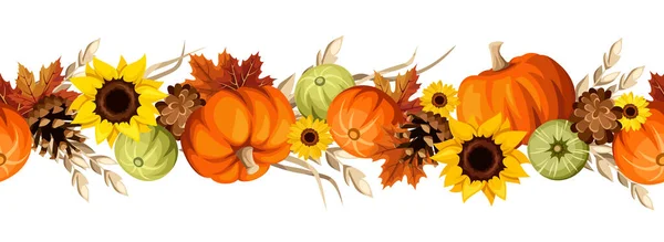 Herbst Nahtlose Grenze Mit Kürbissen Sonnenblumen Ähren Ahornblättern Und Tannenzapfen — Stockvektor