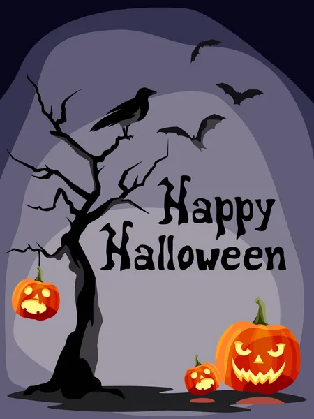 Halloween Karta Jack Lanterny Starý Strom Netopýři Havran Návrh Vektorové — Stockový vektor
