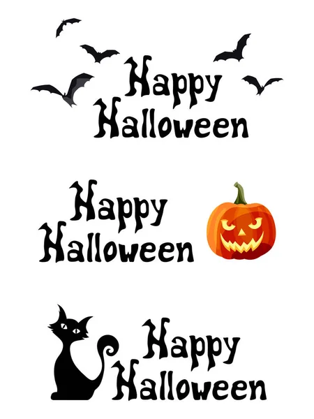 Boldog Halloweeni Jeleket Töklámpással Denevérekkel Egy Fekete Macskával Fehér Háttéren — Stock Vector