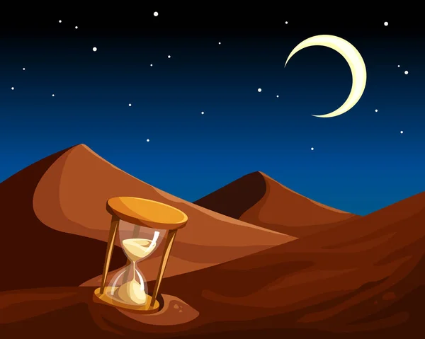 Desierto Árabe Por Noche Con Reloj Arena Media Luna Cielo — Vector de stock