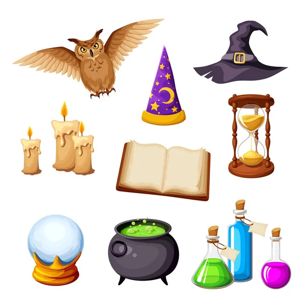 Sihirli Eşyalar Baykuş Büyücü Şapkası Cadı Şapkası Mumlar Kitap Kum — Stok Vektör