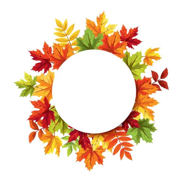 オレンジ 緑の秋の葉を持つサークルカード 挨拶や招待状のデザイン ベクターイラスト — ストックベクタ