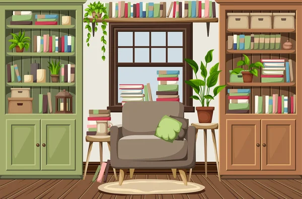 Interior Habitación Con Librerías Verdes Marrones Sillón Montón Libros Plantas — Vector de stock
