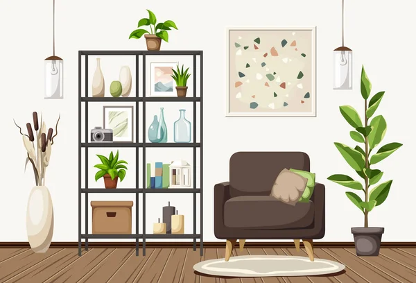Diseño Interior Habitación Con Sillón Una Estantería Gran Árbol Ficus — Vector de stock