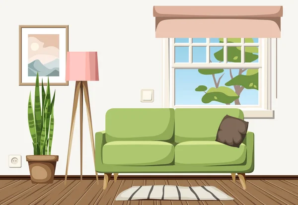 Cozy Living Room Interior Green Sofa Floor Lamp Sansevieria Plant — Stock Vector