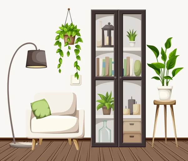 Diseño Interior Habitación Con Sillón Una Librería Negra Plantas Interior — Vector de stock