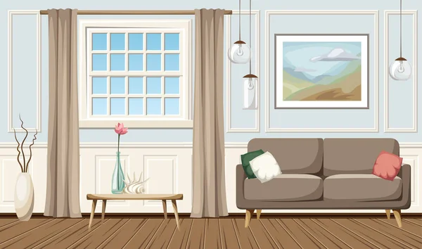 Klassisches Wohnzimmerdesign Mit Sofa Fenster Gemälde Und Hängelampen Vektorillustration — Stockvektor