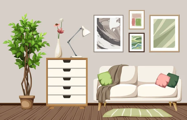 Diseño Interior Sala Estar Con Sofá Blanco Gran Árbol Ficus — Vector de stock