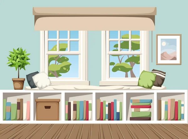 Raumgestaltung Mit Fensterbank Und Bücherregal Unter Den Fenstern Gemütliche Inneneinrichtung — Stockvektor