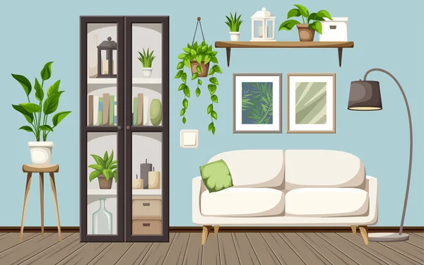 Wohnzimmereinrichtung Mit Blauen Wänden Weißem Sofa Schwarzem Bücherregal Und Zimmerpflanzen — Stockvektor
