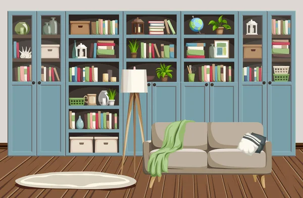 ブルーの本棚とベージュのソファ付きのリビングルームのインテリア 北欧インテリアデザイン 漫画ベクトルイラスト — ストックベクタ