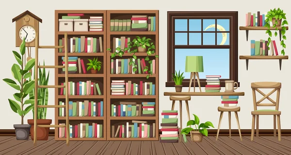 Дизайн Интерьера Читального Зала Книжными Шкафами Множеством Книг Комнатных Растений — стоковый вектор