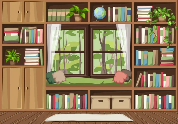 本や観葉植物がたくさんあるカントリールームのインテリアデザイン 窓シート 森の景色を望む窓 フォレストキャビンのインテリア 読書室だ 漫画ベクトルイラスト — ストックベクタ