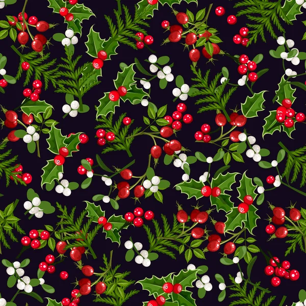 黒の背景にホリー ミステリー ローズヒップ モミの枝を持つクリスマスの花のシームレスなパターン ベクターイラスト — ストックベクタ