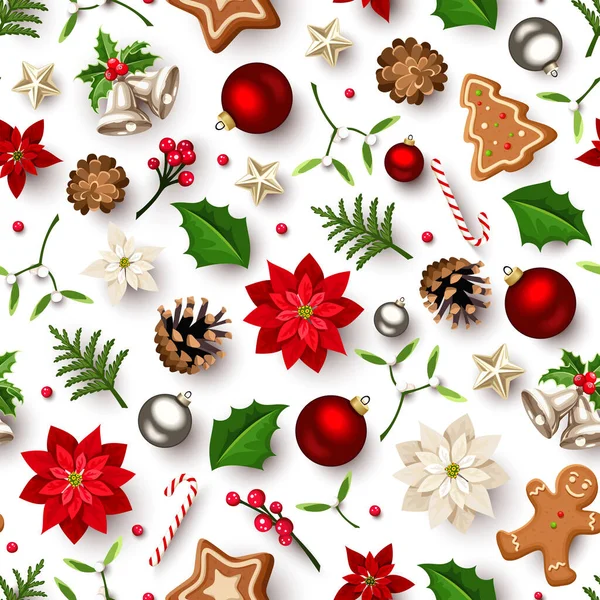 圣诞无缝图案 红色和白色的一品红花 红色和银色球 鳄寄生 姜饼饼干 糖果手杖 冷杉枝条 白色背景上的松果 矢量说明 — 图库矢量图片