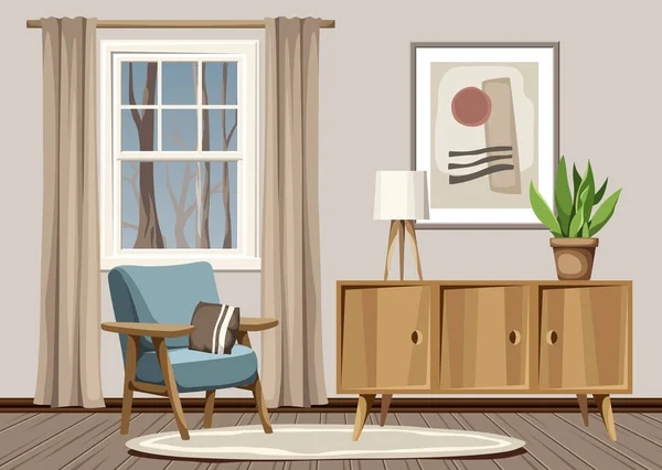 Interior Sala Estar Otoño Con Sillón Una Cómoda Una Pintura — Vector de stock