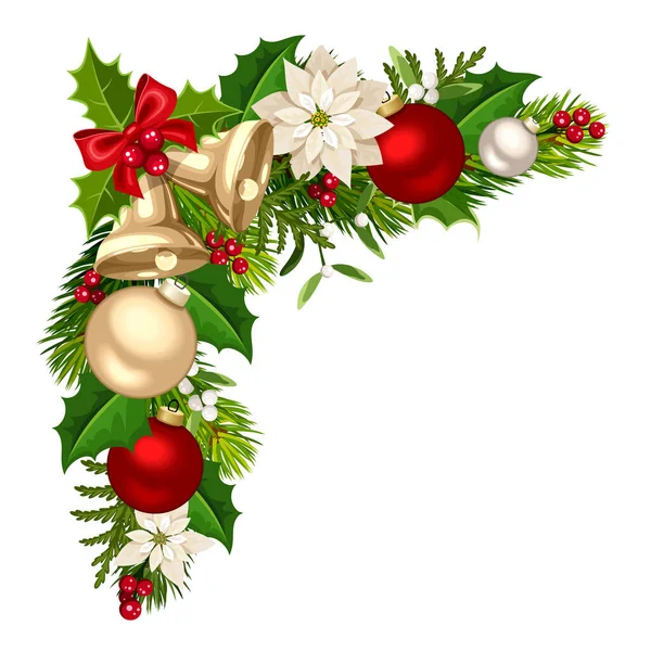 圣诞角落装饰与圣诞钟声 绿色冷杉枝条 一品红花 冬青和寄生趾 矢量说明 — 图库矢量图片