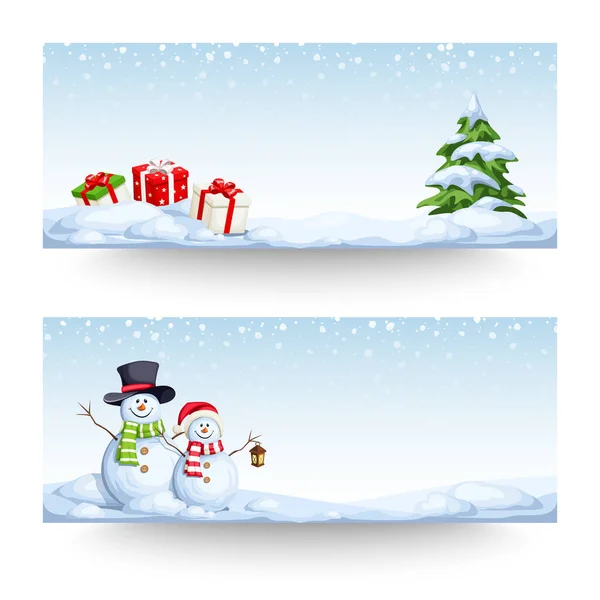 Weihnachtsbanner Mit Weihnachtsbaum Geschenkschachteln Schneemännern Und Schneefall Vektorillustration — Stockvektor