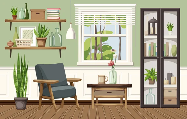 Living Room Interior Green Walls Black Bookcase Armchair Window Modern — Stock Vector