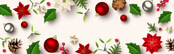 圣诞标题或网页横幅与圣诞球 一品红花 冷杉树枝 冬青和寄生 矢量说明 — 图库矢量图片