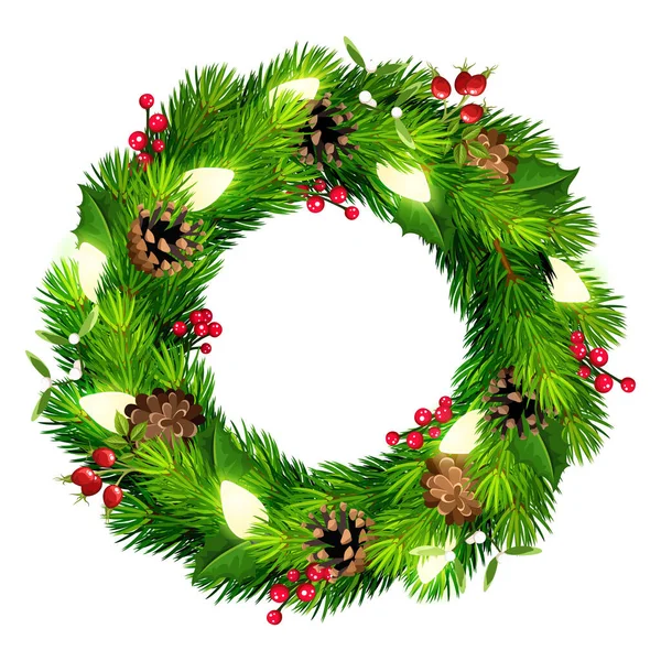 Christmas Wreath Green Fir Branches Pine Cones Christmas Lights Holly — Stock Vector