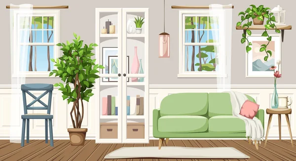Hermoso Interior Habitación Con Sofá Una Librería Blanca Dos Ventanas — Vector de stock
