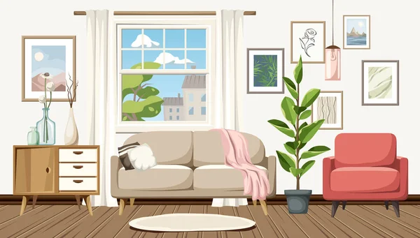 Living Room Interior Sofa Armchair Dresser Pictures Wall Big Window — Stock Vector