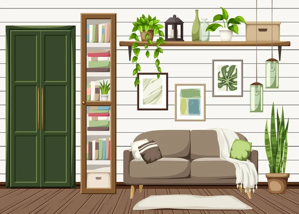 Oturma Odasının Içinde Bir Kanepe Yeşil Bir Kapı Bir Kitaplık — Stok Vektör