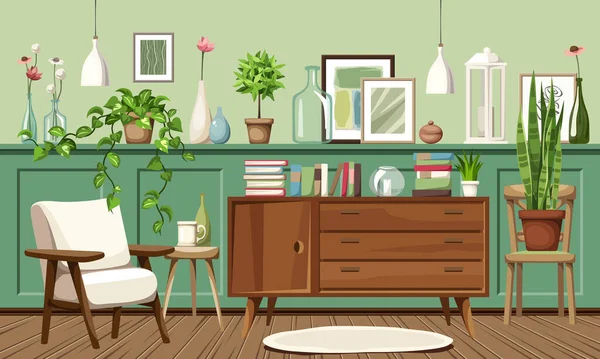 Intérieur Chambre Avec Des Panneaux Muraux Verts Fauteuil Une Commode — Image vectorielle