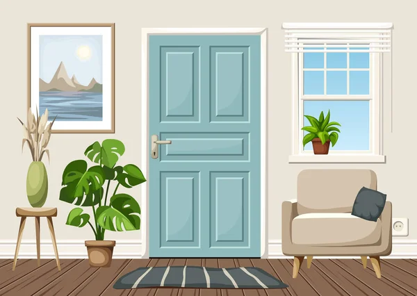 Gemütliche Eingangshalle Mit Blauer Tür Fenster Sessel Und Monstera Pflanze — Stockvektor