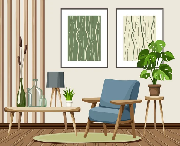 Σαλόνι Εσωτερικό Πολυθρόνα Ξύλινες Σανίδες Αφηρημένους Πίνακες Και Ένα Φυτό — Διανυσματικό Αρχείο